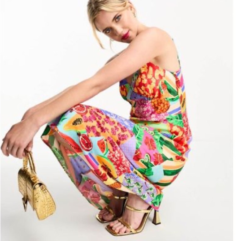 ASOS Nobody’s Child Melina Satin Bias Tropical Colorful Fruit Print Dress US 8